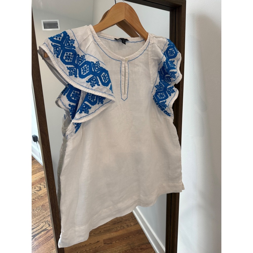 J.Crew Womens Small White Linen Embroidered Flutter Sleeve Split Neck Top Blue